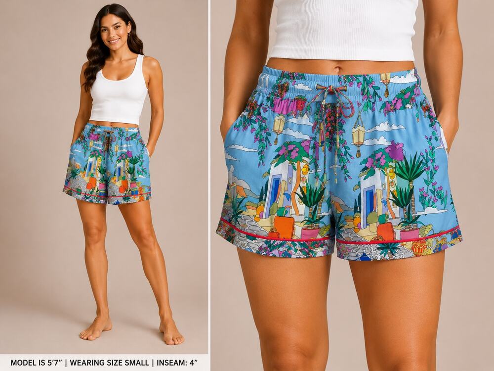 Robert Graham Clea Silk Blend Shorts Womens Size L Blue Vacation Print Pockets
